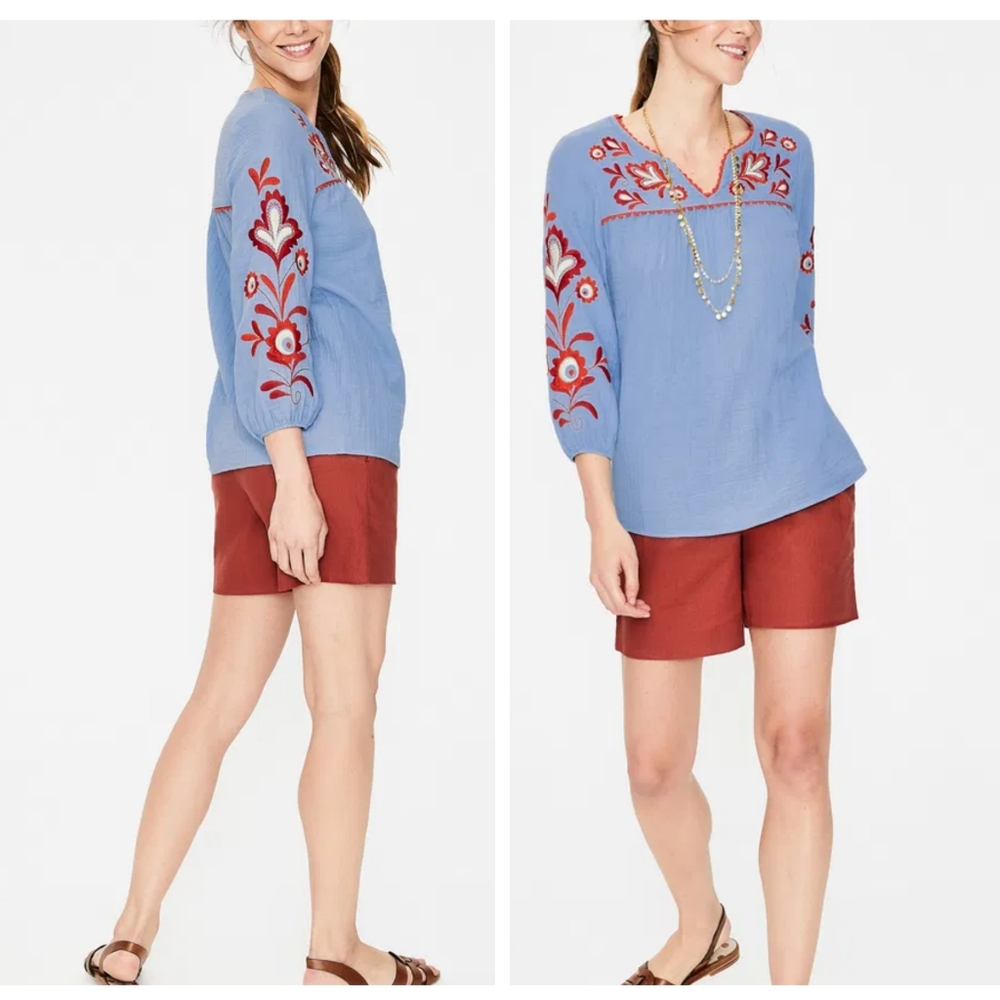 Boden Abigail Embroidered Blouse Top Gauze Floral Boho Blue Crinkle boho - Picture 11 of 11